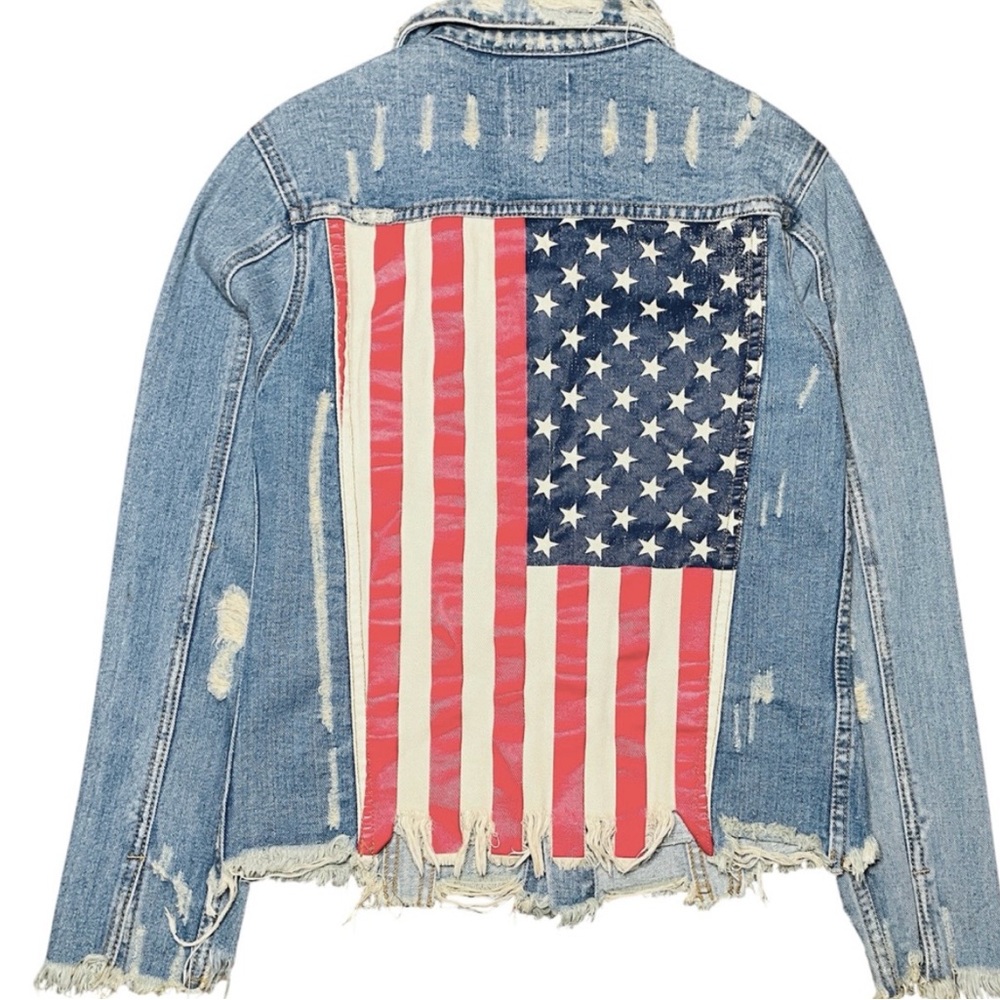UNIF Denim Jacket Womens Medium SLIM USA American Flag Studded Distressed Blue